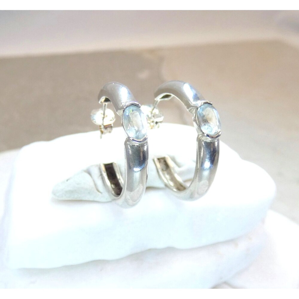 Vtg. Sterling Silver Aquamarine Hoop Earrings